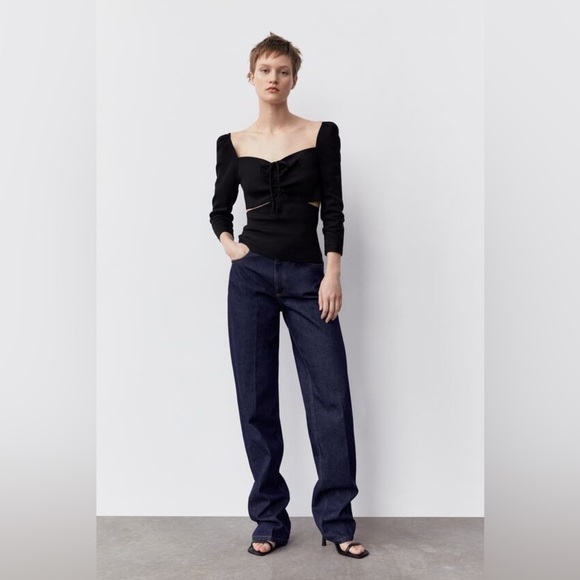 Zara Linen Blend Cut Out Top Black Puff Shoulders Cropped Small - Picture 2 of 16